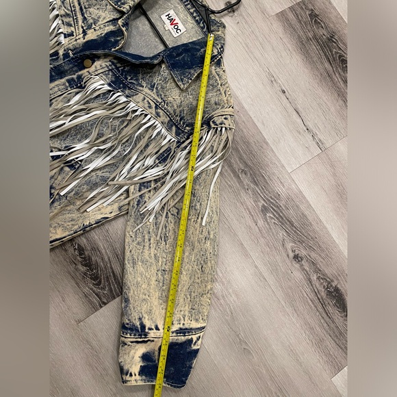 HAVOC Vintage 80s Acid Wash Fringe Womens Sz Large Blue Denim Jacket made in USA - Picture 5 of 9